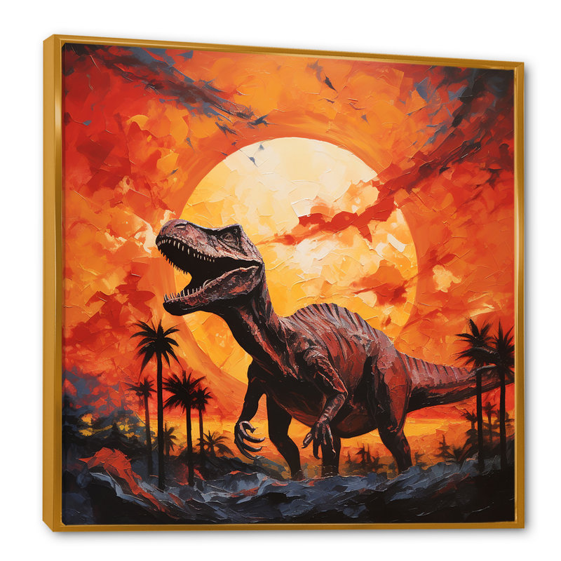 Coucher de soleil de dinosaure rouge et jaune I - art de mur de dinosaure, Cadre flottant doré, H 16 po x l 16 po