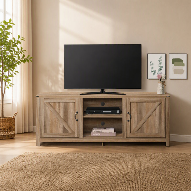 Meuble télé en bois de style champêtre avec étagères et placards