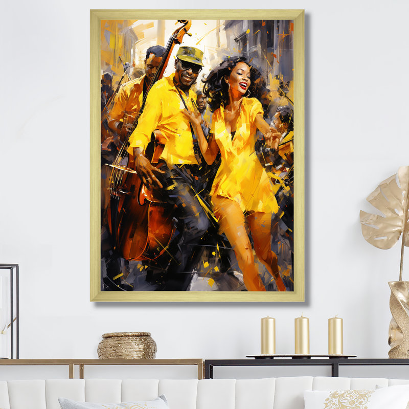 Yellow Jazz Dance Fusion - Art mural de danse, H 20 po x l 12 po x P 1 po, Cadre doré simple