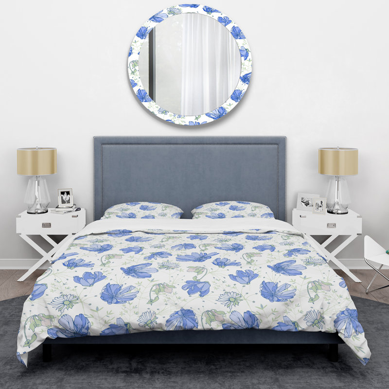 Ensemble de housse de couette en microfibre bleu / blanc 3 pièces, Housse de couette pour grand lit et 2 taies décor