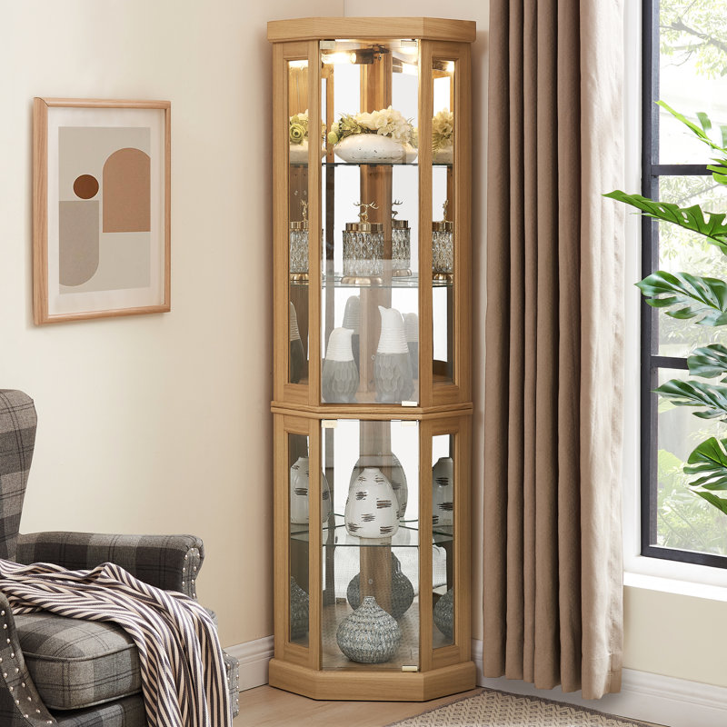 Lighted Curio Cabinet In Bedroom - Oak Finish, Spacious Interior With Glass Doors Corner For Stylish Design Mirrored Back And Bulbs