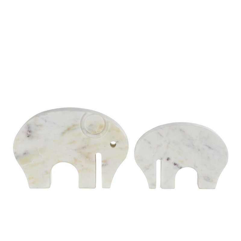 Rumy Marble Rounded Abstract Elephant Decorative White Sculpture with Gray Marble Veins and Cutouts Set