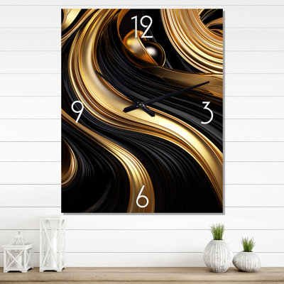 Abstrait abstrait liquide or et noir tourbillon I - spirales abstraites très grandes horloges murales