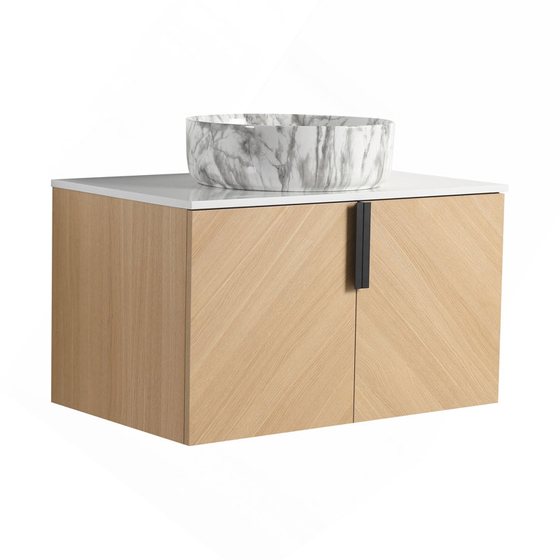 Meuble-lavabo de 30 po avec lavabo d'art en céramique et dalle de pierre artificielle, porte à fermeture en douceur, montage mural, contreplaqué