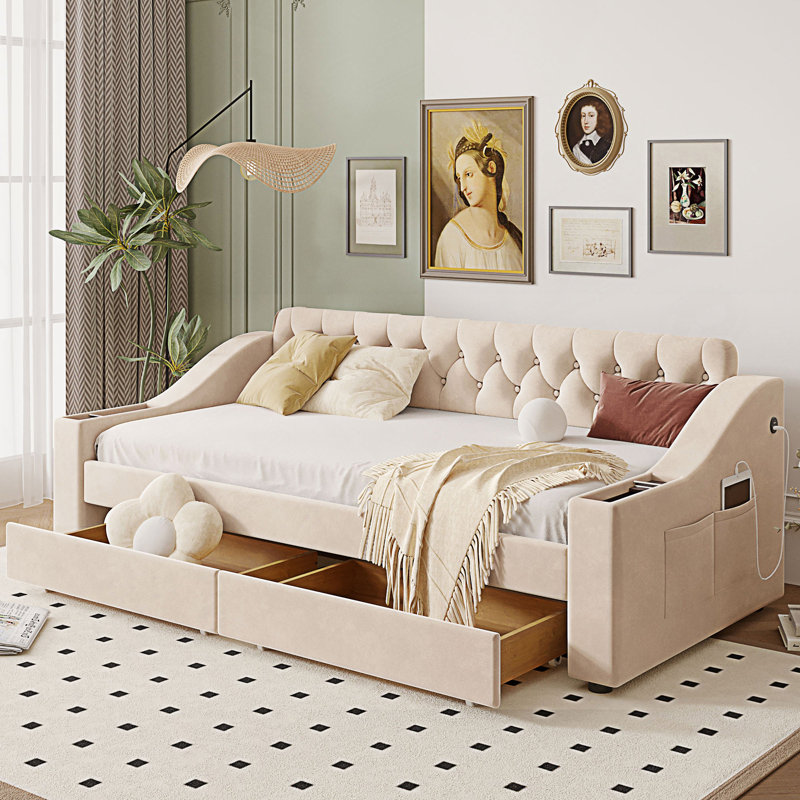 Modern Twin Size Upholstered Daybed With Storage Armrests And Drawers, Beige