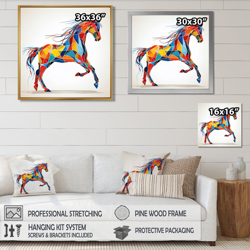 Graphique coloré cheval au galop - cheval, art mural, H 16 po x l 16 po, Toile brune avec cadre flottant