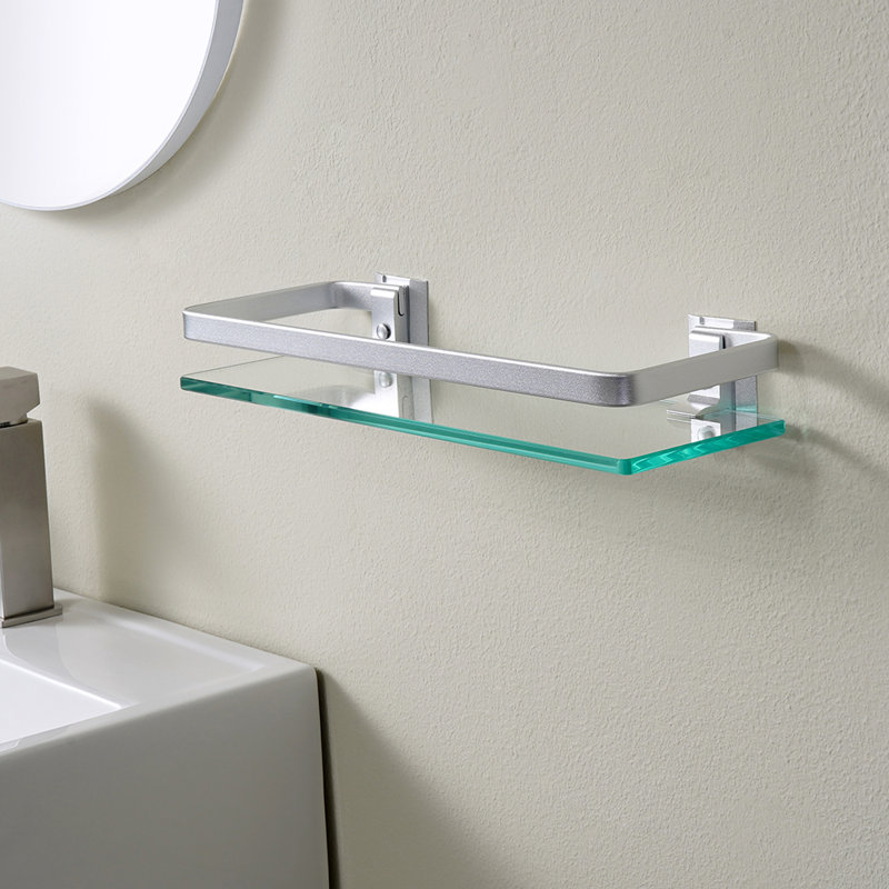 Tablette murale rectangulaire en verre avec rails en aluminium argenté, tablette flottante en verre trempé très épais pour le rangement dans la salle de bain