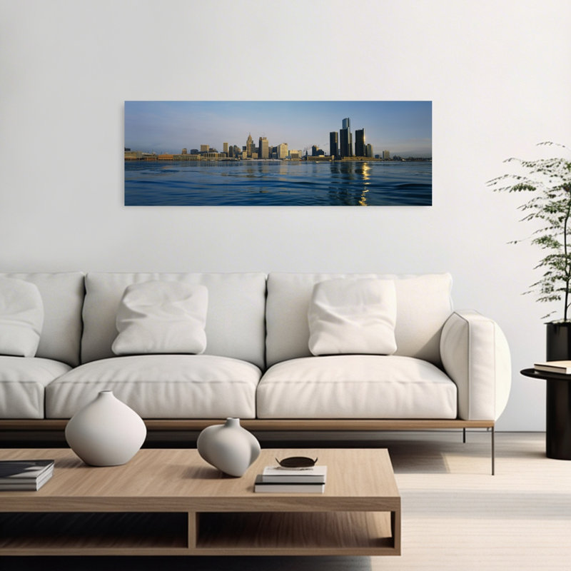 Buildings at the waterfront Detroit Michigan USA 1 Piece Wrapped Canvas Panoramic Wall Art, 40.64 cm H x 121.92 cm W