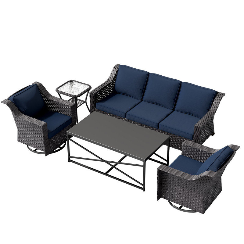5-Piece Outdoor Rattan Wicker Conversation Set, Patio Furniture with 3-Seater Sofa, 3 Armchairs, Coffee Table & Side Table, Weather-Resistant for Backyard, Porch & Poolside