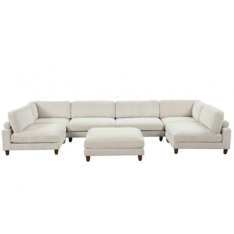 Canapé modulaire 7 places Cheston, Velours côtelé beige