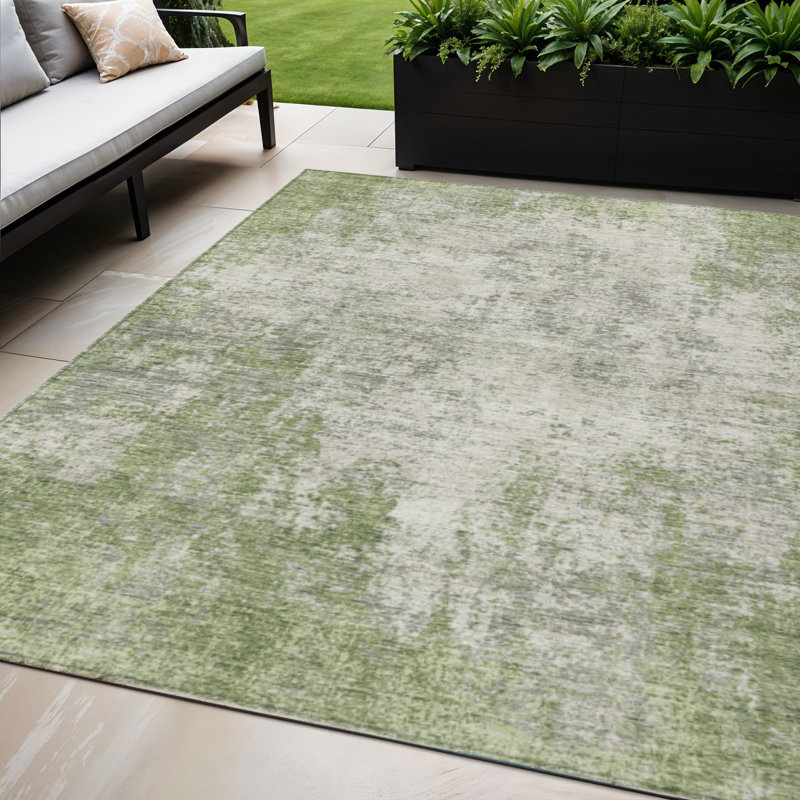 Tapis extérieur lavable abstrait vert et ivoire 5 pi x 8 pi
