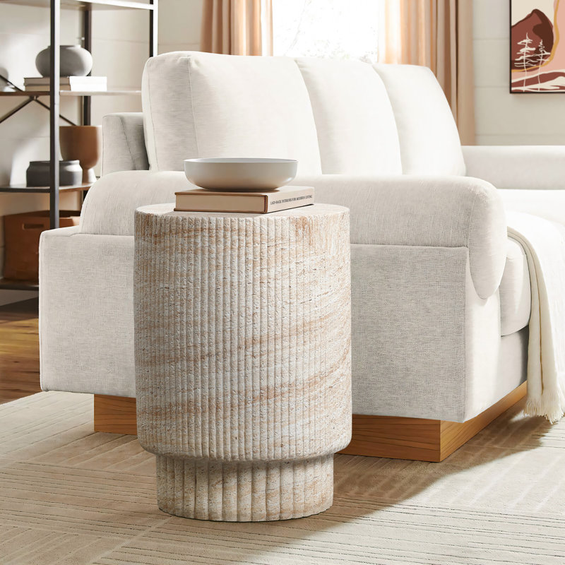 Travertine-Style Round Ribbed MgO Side Table