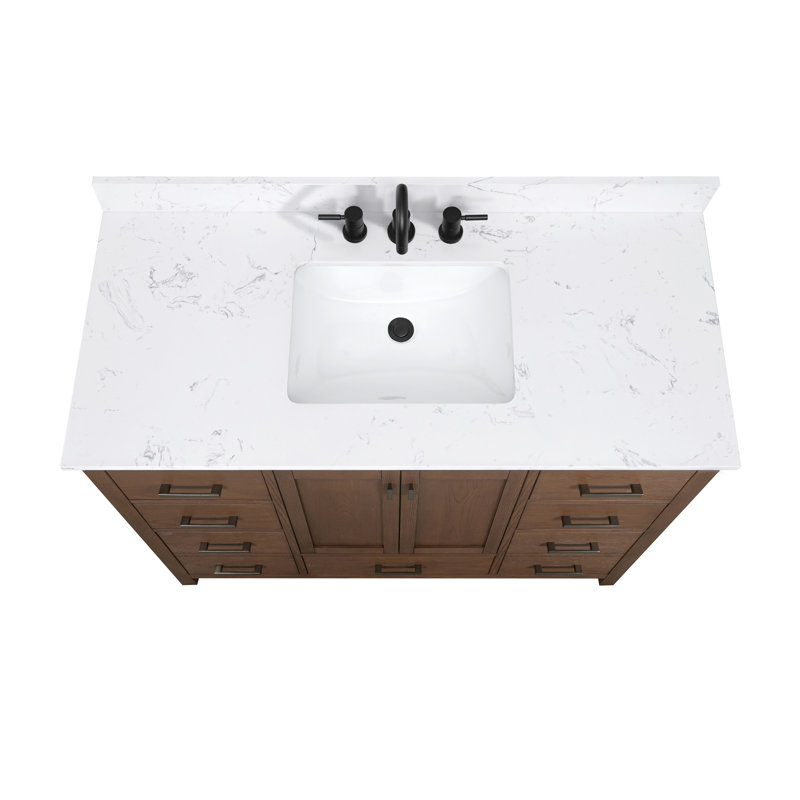 Modero 48" Single Bathroom Vanity with Top, Mocha Oak, Black, Cala White Marble