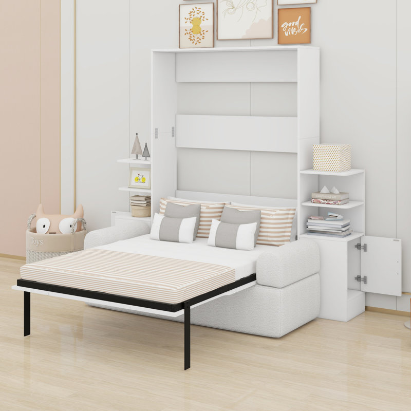 Lit escamotable tout-en-un avec canapé et armoires de rangement intégrées, Blanc