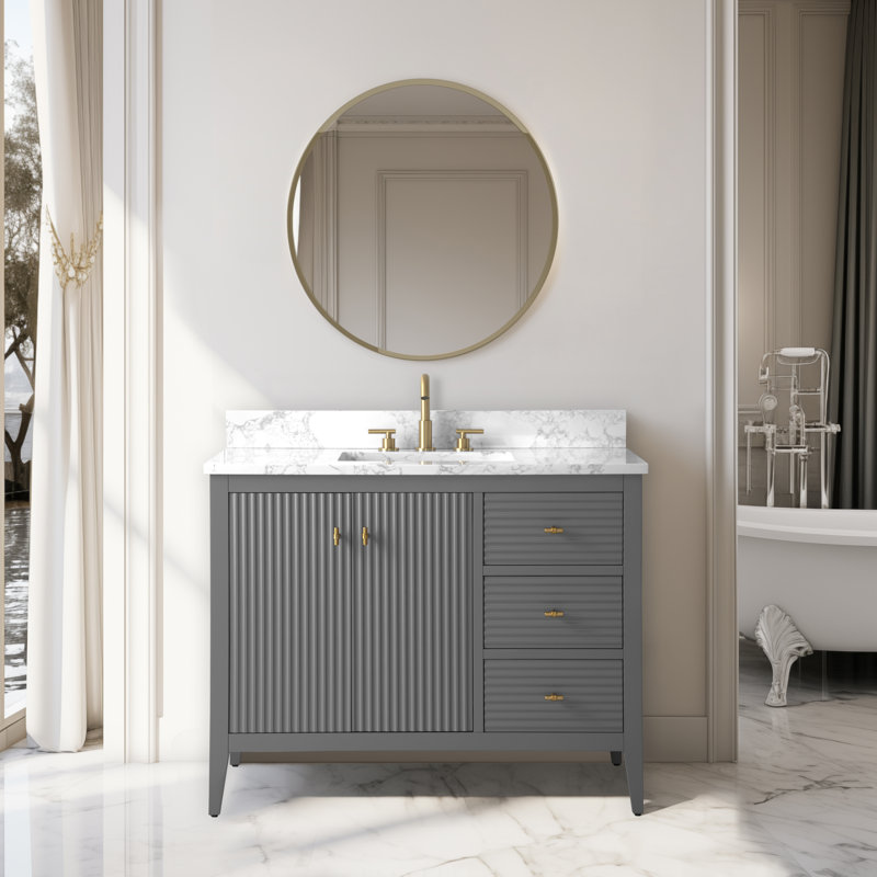 Meuble-lavabo simple 42 po avec plateau en marbre, Doré brossé, Gris cachemire linéaire