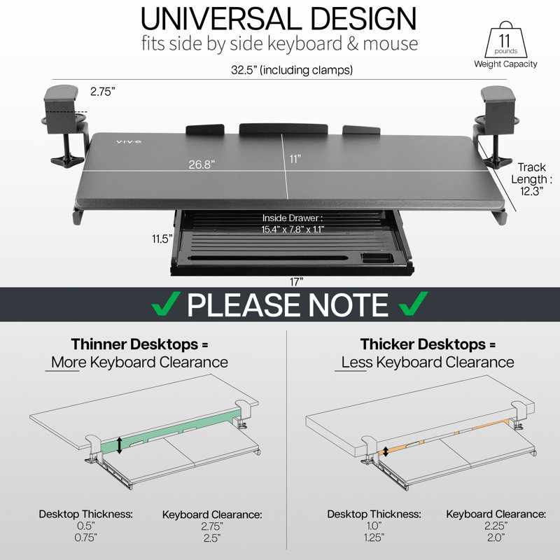Black Adjustable Metal Clamp-On Keyboard Tray with Drawer