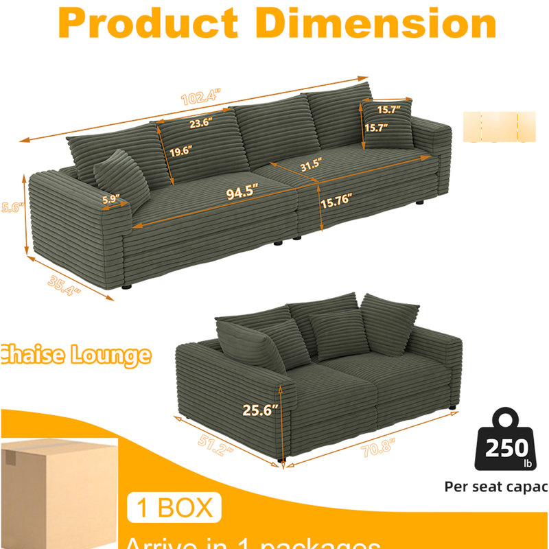 Canapé convertible 102,4 po à 4 places en velours côtelé, repose-pieds mobile, rembourrage en éponge haute densité, confortable pour éponge assortie, téléviseur à regarder