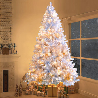 7.4FT Silver Pre-Lit Artificial Christmas Tree with 1200 Branch Tips, 400 LED Lights, 11 Lighting Modes, and Metal Stand for Indoor and Outdoor Use