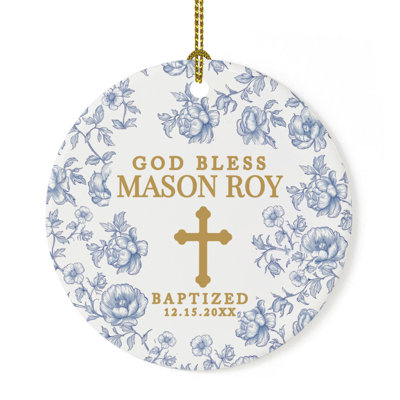 Custom Blue Toile De Jouy Baptism Ornament, Ceramic Christening Keepsake Gift For Baby