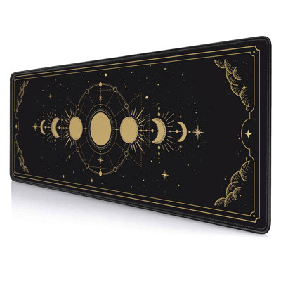 Moon Phases Large Mouse Pad, Celestial Moon Cycle Lunar Chart In Black And Gold Desk Pad, Stars In Space Horoscope Desk Mat, Mystical Astronomy Mouse Pads For Gamer Home&Office, 31.5X11.8 In