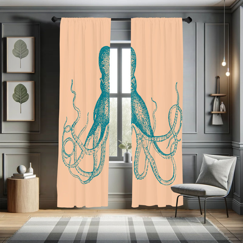 Ebern Designs Octopus Curtains, Marine Animal Tentacles Art, Pair of 28", 28" W x 84" L, Sea Blue