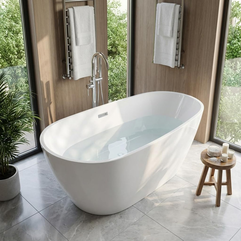 67" Deep Soaking Bathtub, Non-Slip Acrylic Tub with Chrome Drain, cUPC Certified, Ergonomic Modern Bath for Bathrooms, Easy-Install, White Pearl