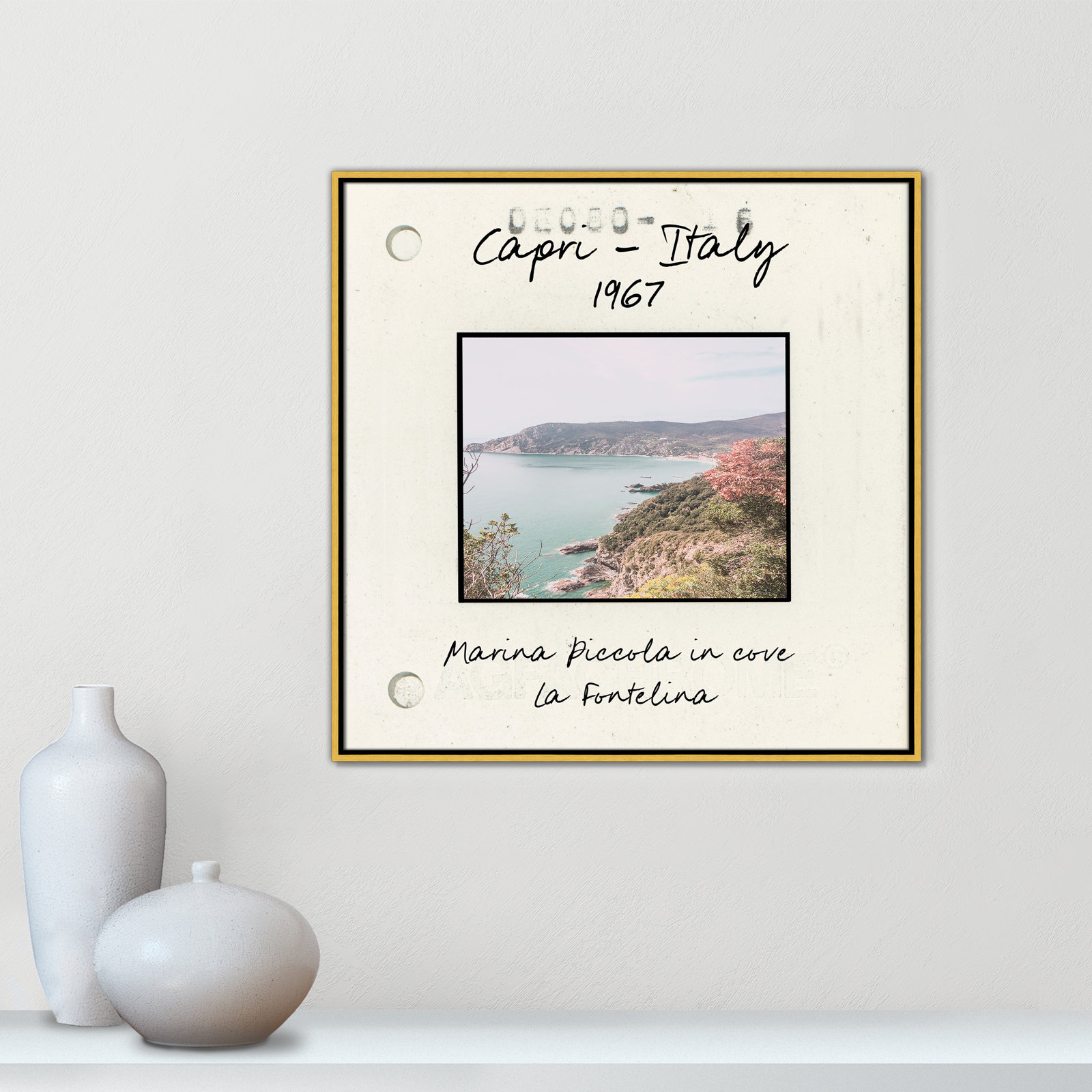 Capri Italy - Marina Picolla in La Fontalina Print by Susan Jill, 31.5" H x 31.5" W x 2" D, Gold Floater Framed Canvas