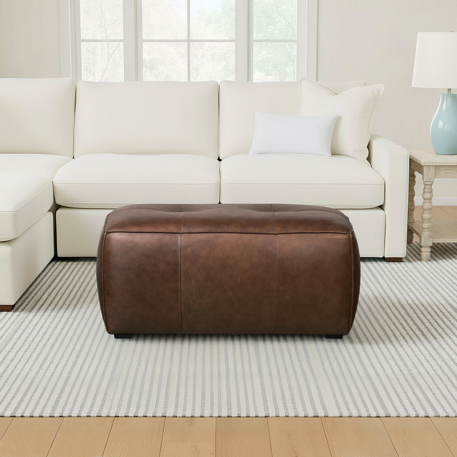 Capa 37" Genuine Leather Ottoman, Chocolate Brown Genuine Leather