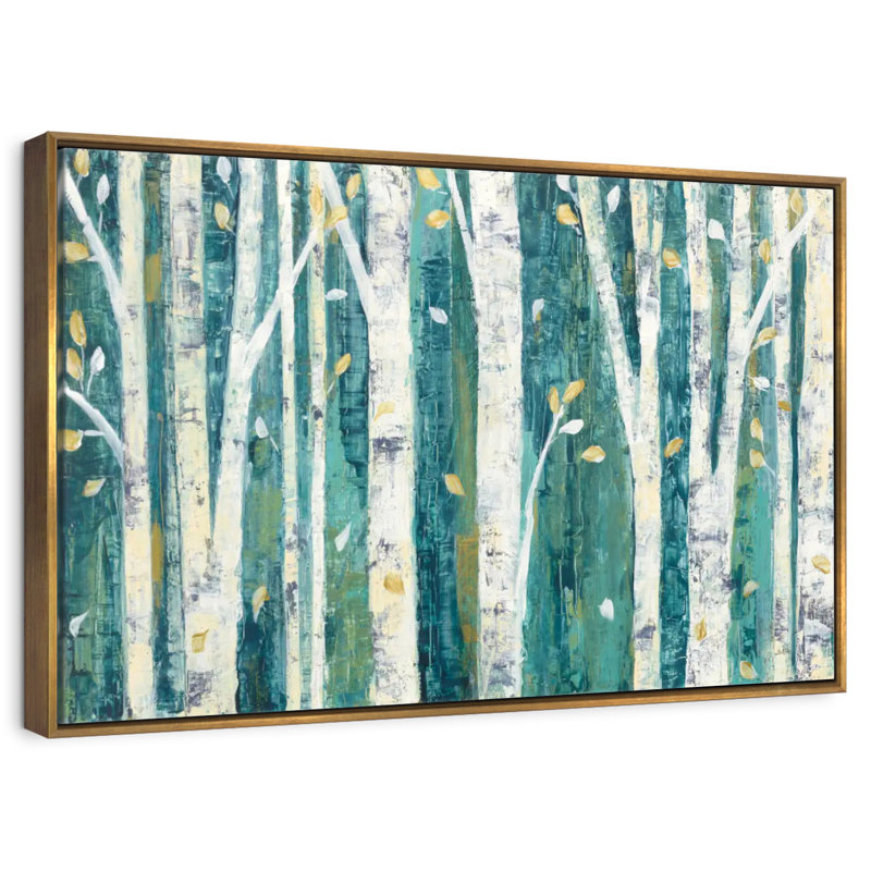Bouleaux au printemps III, 46 po x 31 po, Cadre flottant doré