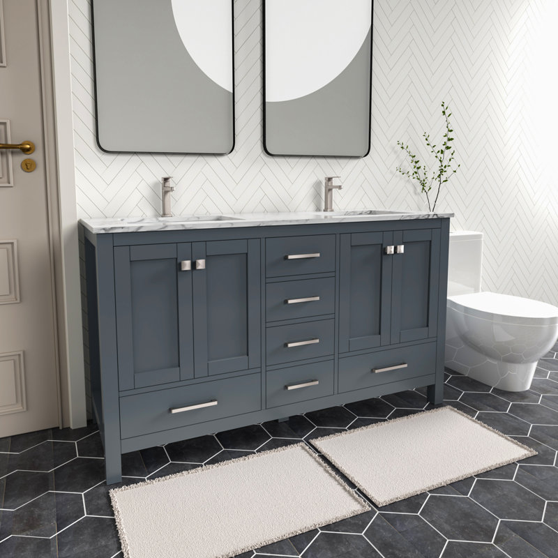 Anvay 60 in. Double Sinks Freestanding Bath Vanity in Charcoal Gray with Carrara Marble Top, Charcoal Gray