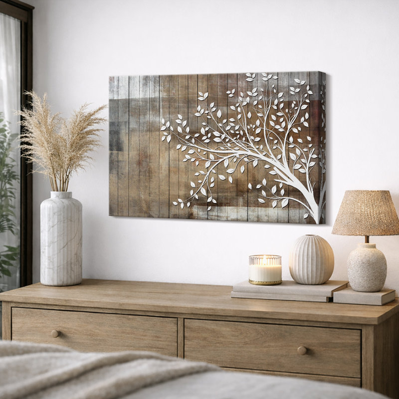 Abstract Tree "White Branch Leaves On Wood Effect Background Artwork, Abstract Neutral Tan Rustic Wall Pictures, Large Framed Canvas Giclee Print Wall Art"