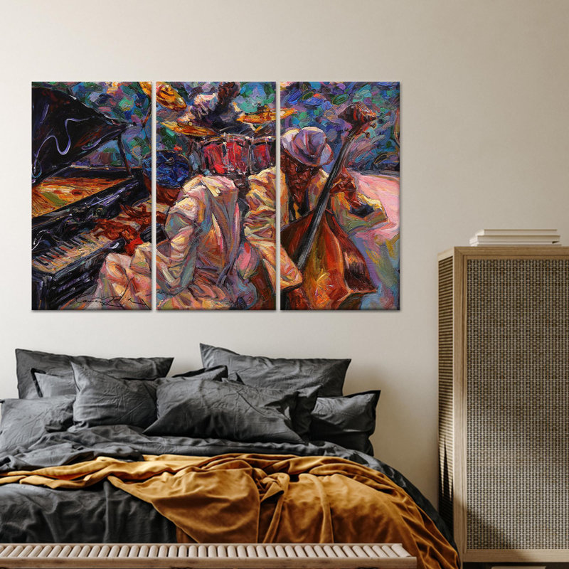 «Vibrant Jazz Club», reproduction d'art sur toile moderne en verre, toile tendue 3P, H: 35,4 po x l: 70,9 po