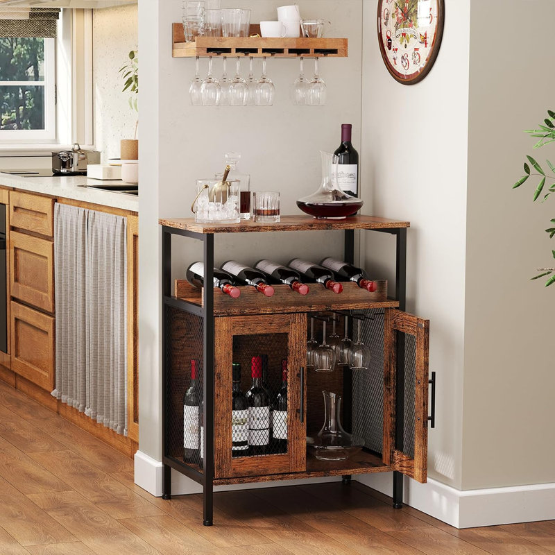 Rustic Brown Industrial Wine Bar Cabinet with Mesh Doors
