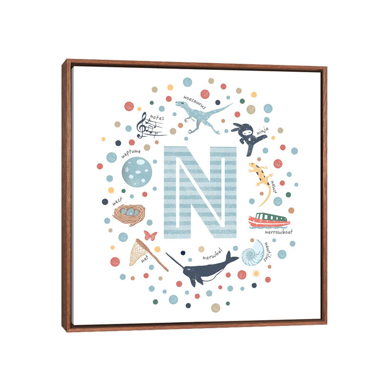 Lettre illustrée N bleue - impression, Toile avec cadre brun, Pas de tapis, H 18 po x l 18 po x 1,5 po