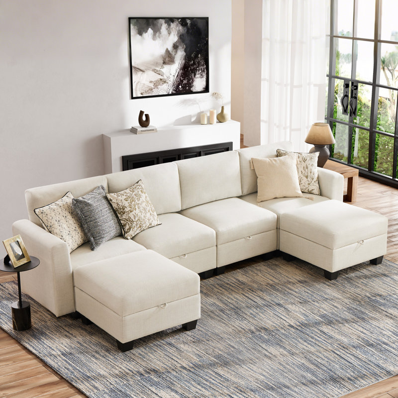 Canapé modulaire rembourré 6 pièces Ilyes, Lin gris pâle