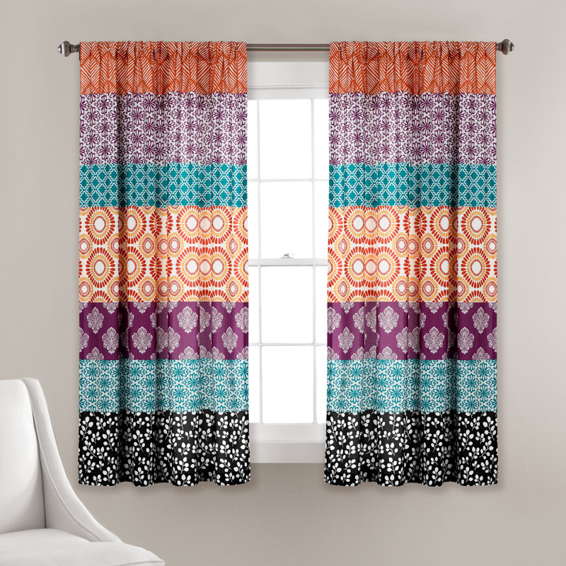 Paire de rideaux transparents avec passe-tringle Bohemian, Fuchsia / orange