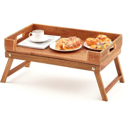 Rattan Breakfast Table Tray with Foldable Legs