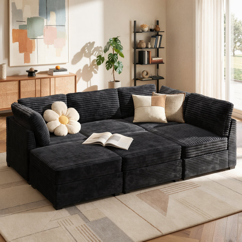 Hogle Modular Sectional Sofa With Ottoman, Plush Corduroy Fabric, Convertible U/L-Shaped Couch With Wide Deep Seats For Living Room