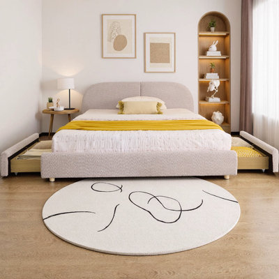 Queen Size Upholstered Platform Bed Frame with 4 Wheeled Drawers, Modern Minimalist Style, Tall Curved Headboard, Circle Yarn Fabric & Sturdy Leg Support, No Box Spring Needed