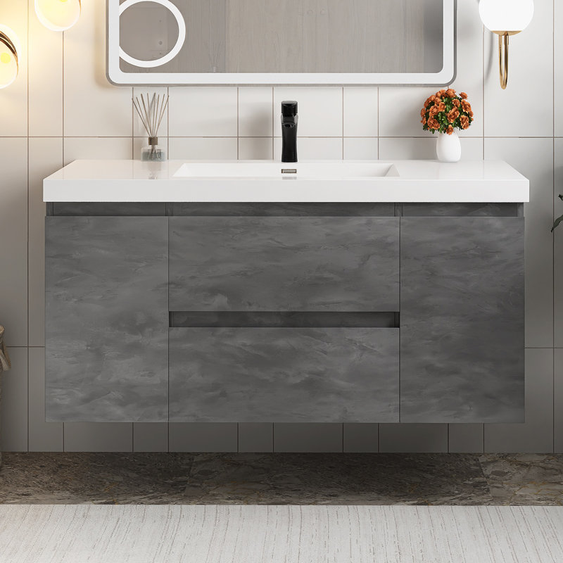 Ensemble de meuble-lavabo mural simple 48 po avec plateau en résine 48 po, Gris Pierre