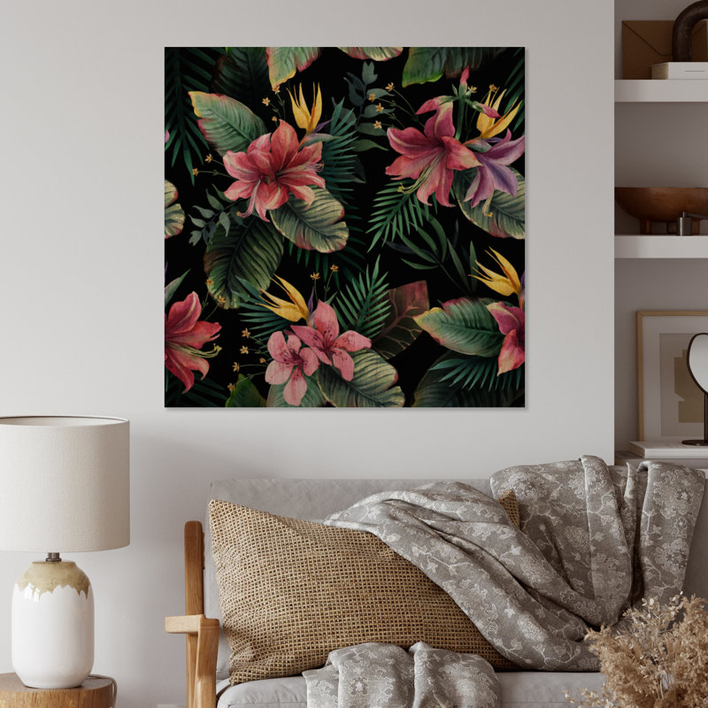 Fleurs tropicales roses sur fond noir - Décoration murale traditionnelle en bois, H 16 po x l 16 po x P 1 po, Toile tendue