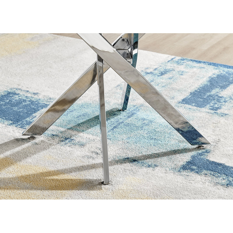 Tierra Modern Chrome Metal & Glass Round Dining Table Set with 4 Luxury Button Velvet Chairs