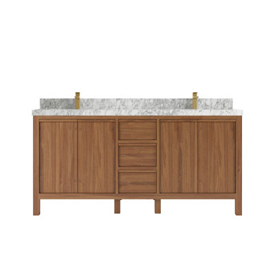 Elizabeth Teak 72 In. W X 22 In. D Double Sink Bathroom Vanity In Dark Natural With 2 In. Carrara Marble