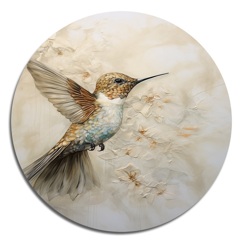 Colibri floral flottant III - animaux, art mural rond en métal, H 16 po x l 16 po