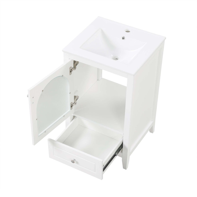 Meuble-lavabo de 20 po avec lavabo, armoire de salle de bain avec porte en verre à fermeture douce, tiroir, Blanc