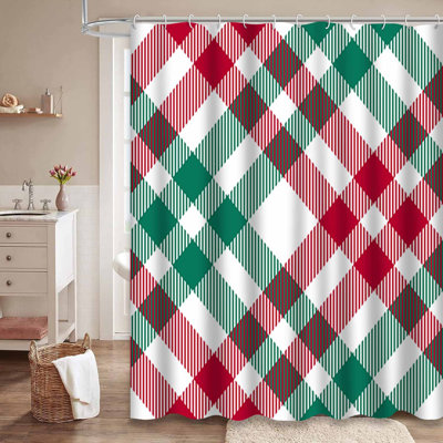 Christmas Plaid Buffalo Check White Shower Curtain with 12 Hooks