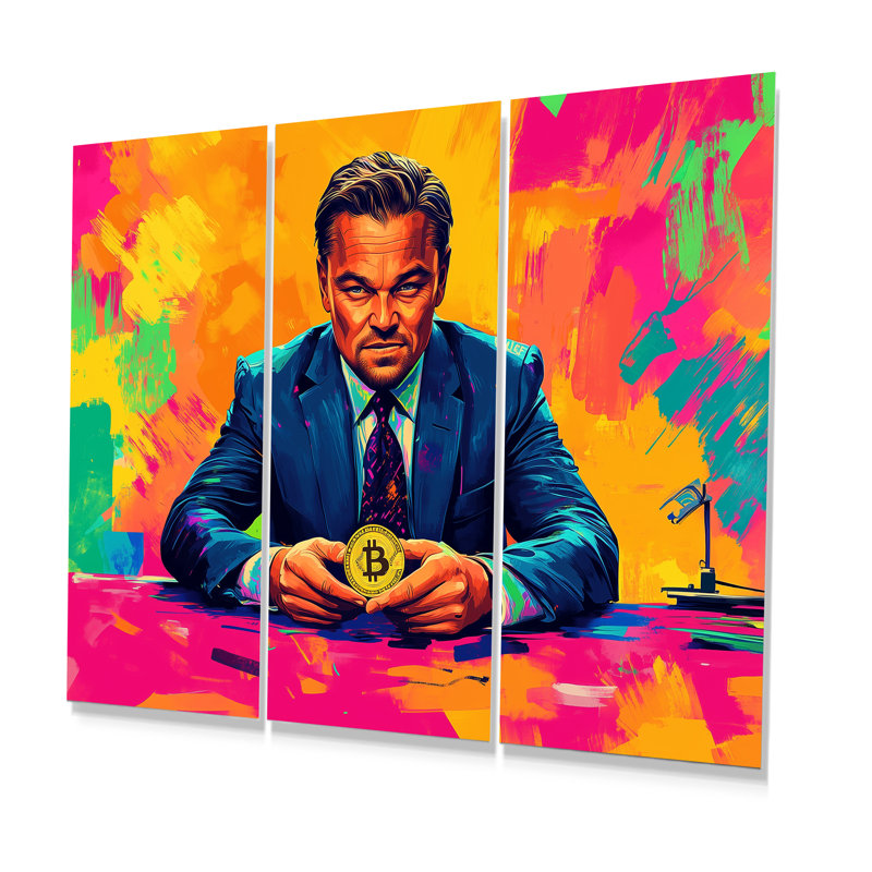 Ensemble de salon Popart Bitcoin Leonardo Dicaprio - loup de Wall Street, Métal métal, H 28 po x l 36 po x P 1 po