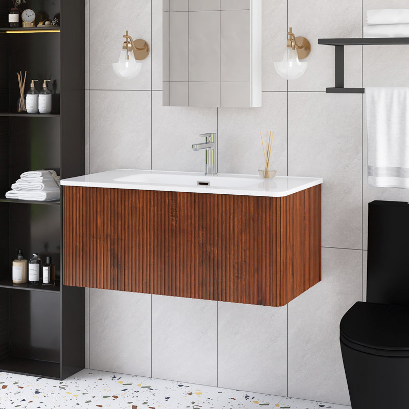 Meuble-lavabo simple 36 po avec comptoir en céramique blanche, Brun