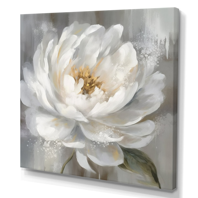 Art de pivoines blanches et grises - art sur toile de pivoines, H 16 po x l 16 po x P 1 po, Toile tendue