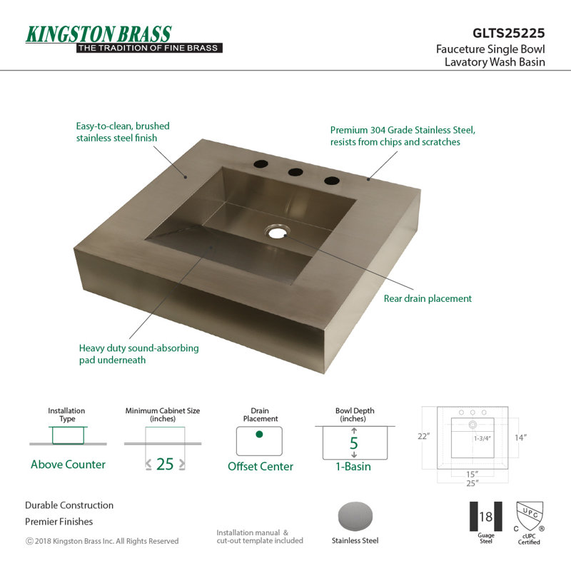 Kingston Brass Kingston Commercial 25-Inch Stainless Steel Bathroom Sink (8-Inch, 3-Hole)